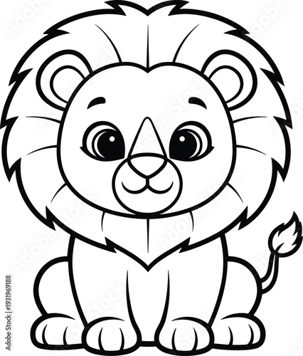 Cute lion coloring page for kids and toddlers with cartoonish illustration