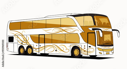 Modern luxury double-decker coach bus illustration in elegant white and gold design, representing comfortable long-distance travel, tourism, and sophisticated public transport.