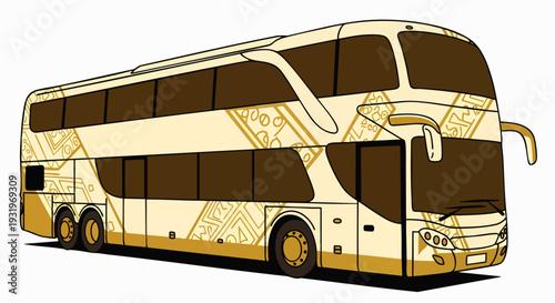Luxury double-decker coach bus illustration with elegant golden pattern for comfortable long-distance travel and tourism transportation.