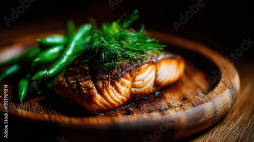 Golden baked salmon fillet with fresh dill garnish and green beans, presented on a rustic wooden plate for an exquisite dining experience.