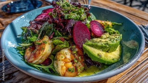 Grilled Shrimp and Avocado Salad with Mixed Greens and Beets