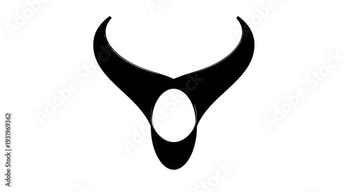 A black, abstract graphic centered on white, resembling horns or an upside down open umbrella