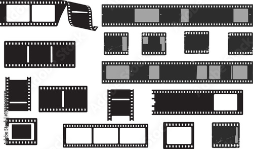 Film strip frame set with sprocket borders and grunge texture for cinema collages, photography templates and vintage storyboard design. Vector collection of analog negatives for cinema vibe 