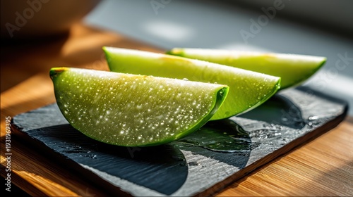 Juicy green apple slices glistening with water droplets arranged on a cool slate surface, a refreshing and healthy fruit presentation.