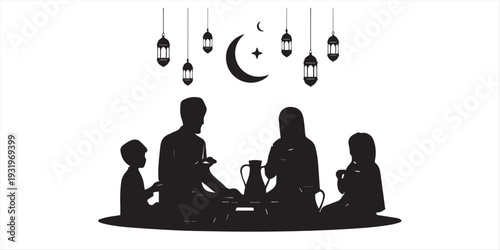Silhouette of muslim family breaking fast together at sunset with traditional food and islamic crescent moon window