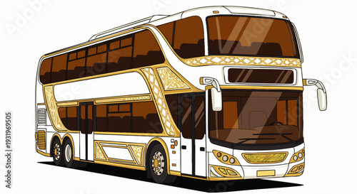 Luxurious double-decker tour bus illustration featuring elegant gold and white design, premium travel, comfortable journey, and modern transportation.