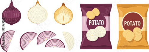 Vector set of red and white onions with potato chip bags and snack packaging isolated on white background flat illustration,