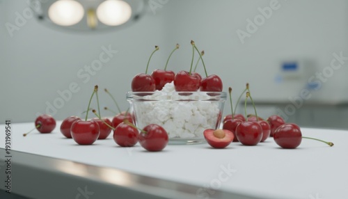 Vibrant bright red cherries artfully scattered around a clear glass bowl of white whipped cream or ice cream on a flat surface
