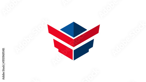 Geometric logo featuring an abstract emblem in shades of red and blue, with a white background