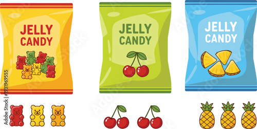 Set of jelly candy bags with gummy bears cherries and pineapple fruit flavors isolated on white background flat vector illustration,