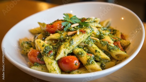 Whole Wheat Penne Pasta with Fresh Pesto Sauce, Cherry Tomatoes, and Pine Nuts in a White Bowl