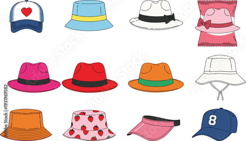 Large set of colorful fashion hats including bucket hats fedoras baseball caps and sun visors isolated on white background flat vector
