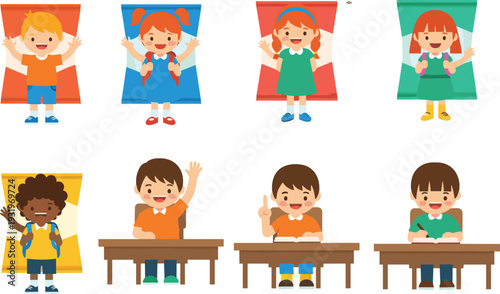 Set of cute diverse school children, students sitting at desks, kids with backpacks, and snack packaging with cartoon student characters.