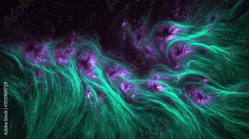 Vibrant Cosmic Nebula Swirling with Purple and Green Hues in Deep Space