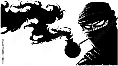 Silhouette art of a person with a masked face, a bomb and abstract smoke on white background