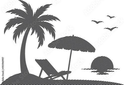 Black Beach Scene with Palm Tree, Umbrella, and Sunset white background