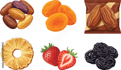 Vector set of dried fruits including sweet dates apricots prunes strawberries and pineapple rings with snack packaging isolated on white background,
