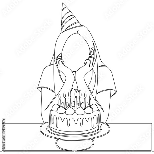 Continuous one single line drawing Young woman celebrating her birthday with cake at the table icon vector illustration concept