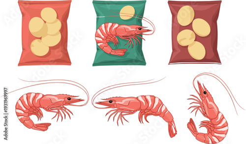 Vector set of fresh pink shrimp, seafood snack bags, potato chips, and prawn icons, isolated on white background, for food.