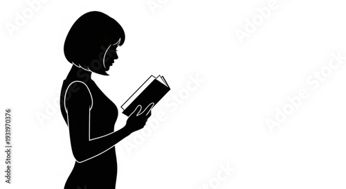Woman reading book in elegant pose with short hair