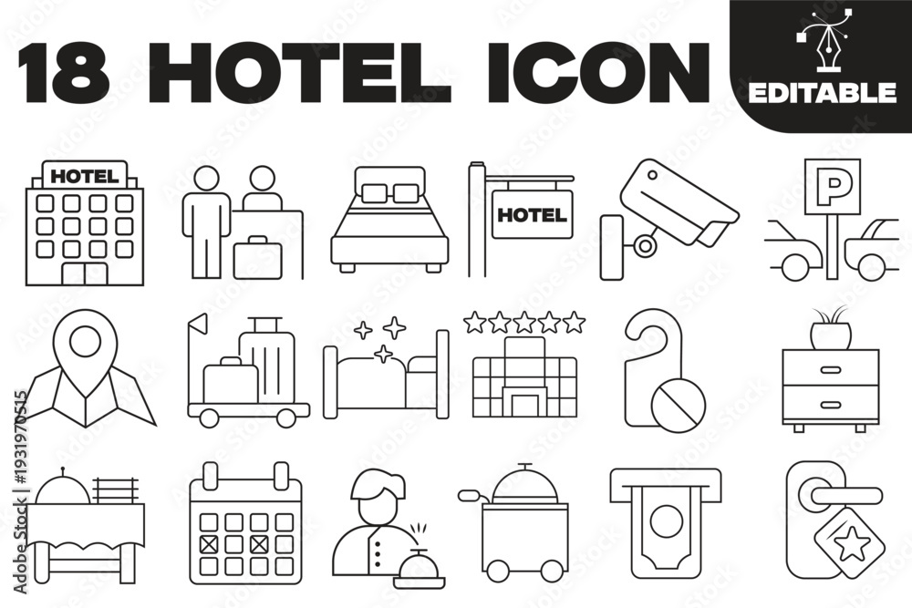 Fototapeta premium Hotel icon collection .Hotel services, Hotel elements Outline icons . Simple editable vector illustration 
