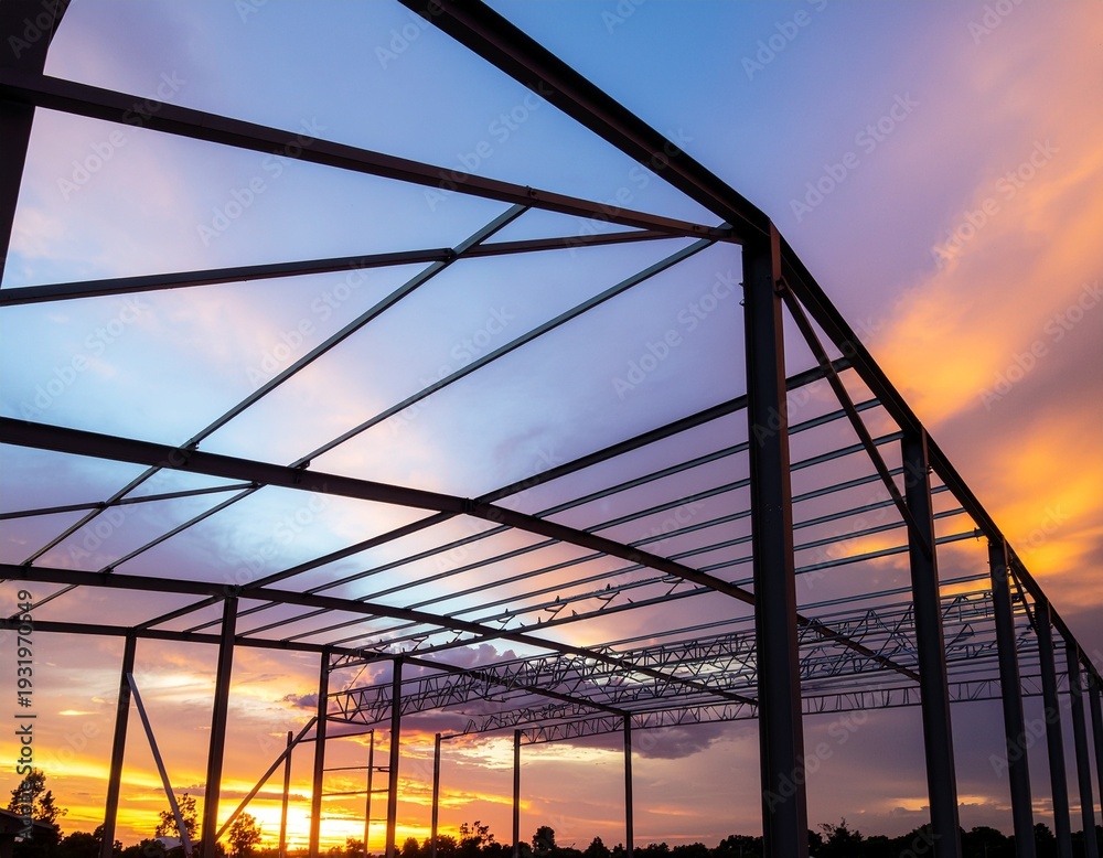 Fototapeta premium Silhouette of a steel-framed industrial warehouse under construction against a colorful twilight sky, captured from a low angle with ample copy space.