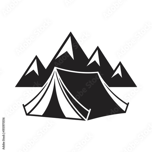 Camping tent pitched in front of mountain range vector outdoor nature scene