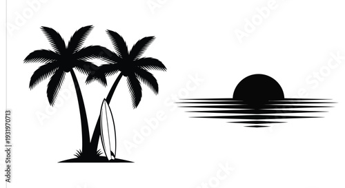 Tropical beach scene with palm trees surfboard and setting sun silhouette