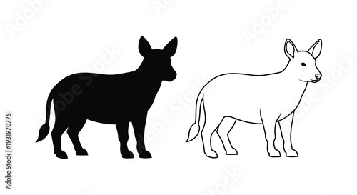 Two donkeys one a stark black silhouette detailed line art style