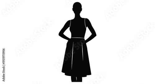 A full body view of a woman in a dress shown as a silhouette