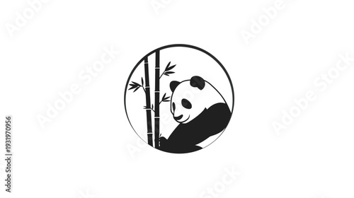 Illustration of a panda bear and bamboo in a circular black and white graphic