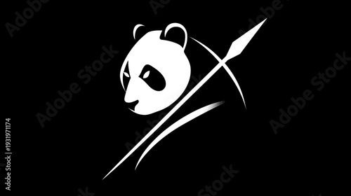 A stylized white panda head with a spear through it on a solid black background