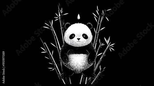 Black and white illustration of a panda bear sitting amidst bamboo stalks. Simple artistic style