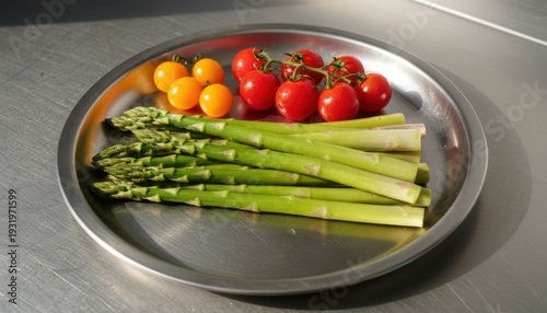 Fresh Asparagus Spears and Vine Tomatoes Arranged on a Metal Plate