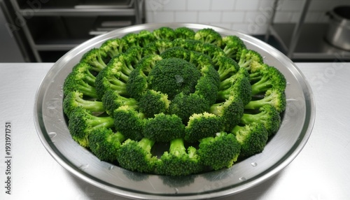 Precisely Arranged Steamed Broccoli Florets Displayed in a Circular Pattern on a Serving Plate