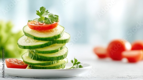 Stacked Sliced Cucumber and Tomato Salad with Fresh Parsley Garnish on a White Plate
