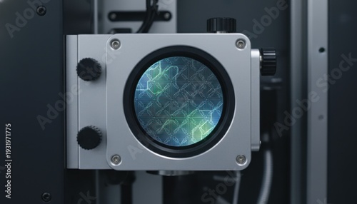 Microscope inspection station viewport showing magnified intricate patterns and technology, perfect for scientific and technological exploration.