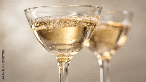 Close-up of sparkling wine glasses with crystal reflections and soft lighting