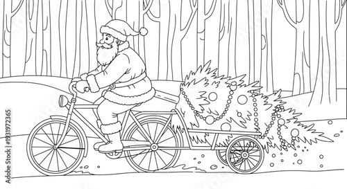 Santa Claus rides a bicycle, pulling a large Christmas tree.
