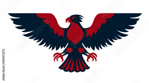 A stylized eagle heraldic emblem with outstretched wings, in navy and red on a white background