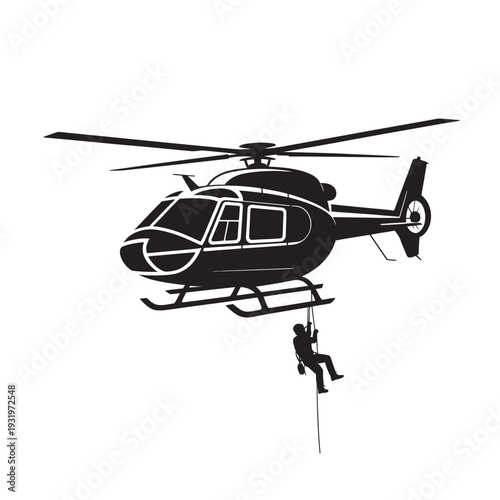 Helicopter with rescuer rappelling down on rope, rescue mission