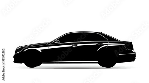 Side view of a black sedan, rendered in a solid black silhouette on a white background