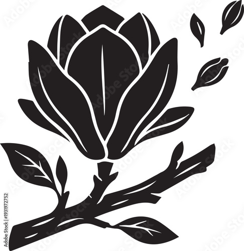 Minimalist Simple Tulip-Shaped Magnolia Bloom Silhouettes on Thick Twig