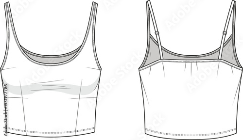 Women scoop neck spaghetti strap crop top technical fashion flat sketch front and back view cad drawing flat vector illustration