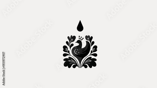 A stylized bird encircled by foliage, beneath a droplet on a white backdrop, using grayscale