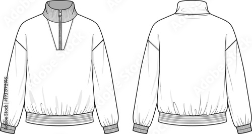 Technical CAD drawing flat vector illustration of a cardigan sweater with V-neck button closure ribbed trim and floral embroidery details