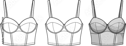 Bustier Crop Top Technical Flat Sketch, Sweetheart Neckline Corset Bra CAD Drawing, Fashion Design Template, Vector Apparel Illustration, Lingerie Technical Pack