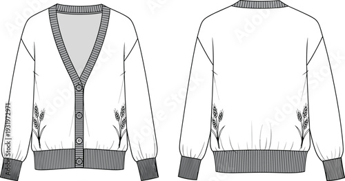 Technical CAD drawing flat vector illustration of a cardigan sweater with V-neck button closure ribbed trim and wheat embroidery details