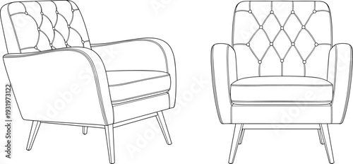 Hand drawn mid-century modern armchair line art illustration with button tufted upholstery and wooden legs for interior design concepts and decor