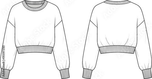 Women Cropped Sweatshirt Technical CAD Drawing Flat Vector Illustration, Long Sleeve Pullover Fashion Template, Apparel Design Mockup, Streetwear Clothing Sketch